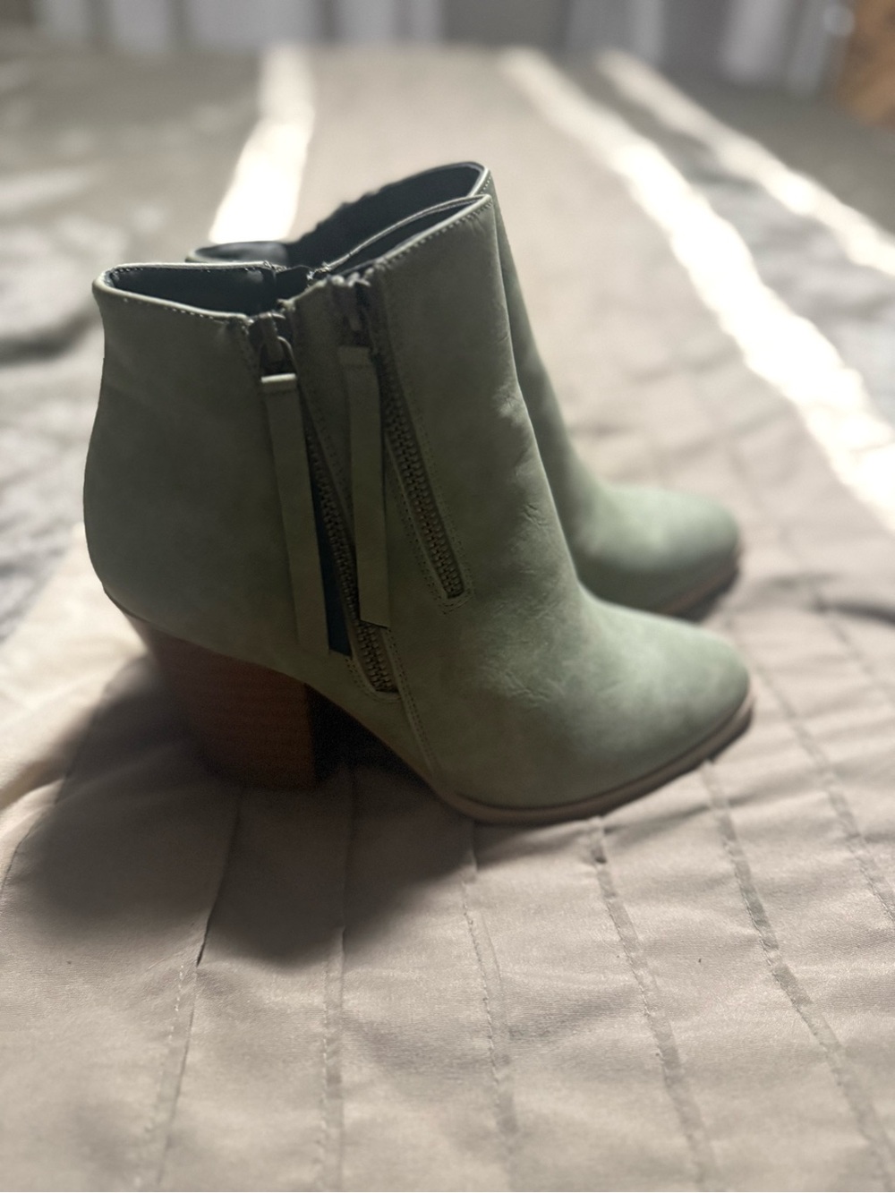 Women's Sage Green Suede Ankle Booties with Side Zipper